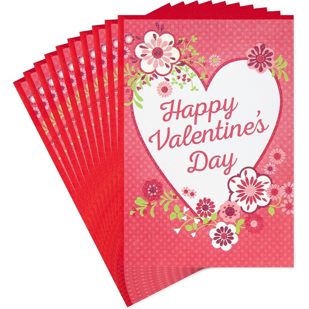 Pack of Valentines Day Cards, Hearts and Flowers 10 Valentine's Day Cards with E